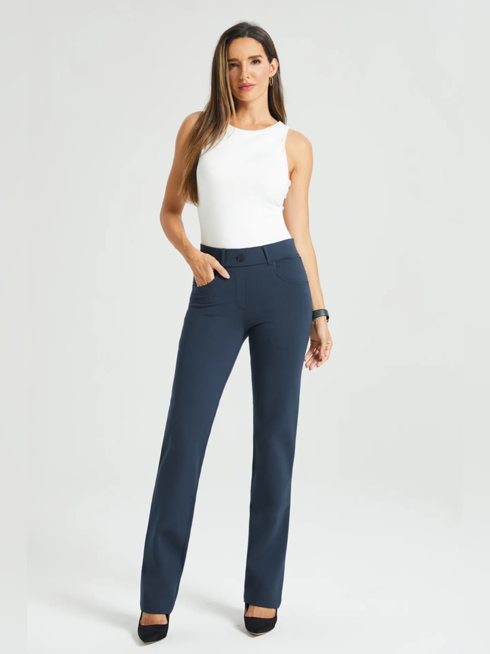 Betabrand 7-Pocket Dress Pant Yoga Pant Straight Leg - Navy/XL